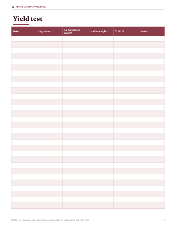 Preview of Printable Yield Test Sheet